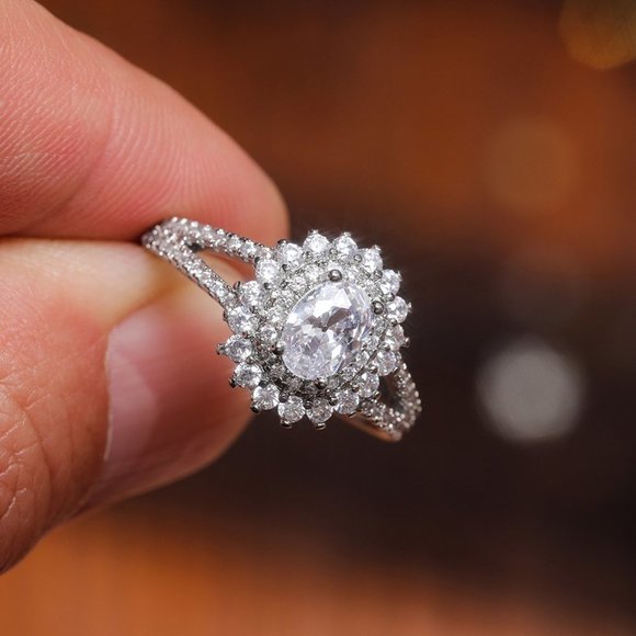 😍Double Layer CZ Lovely Silver Dainty Luxury Flower Ring for Gift, K896 - Picture 4 of 7